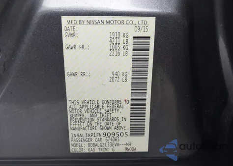 2015 Nissan Altima 2.5 S из США, поврежденный, VIN 1N4AL3AP1FN909505